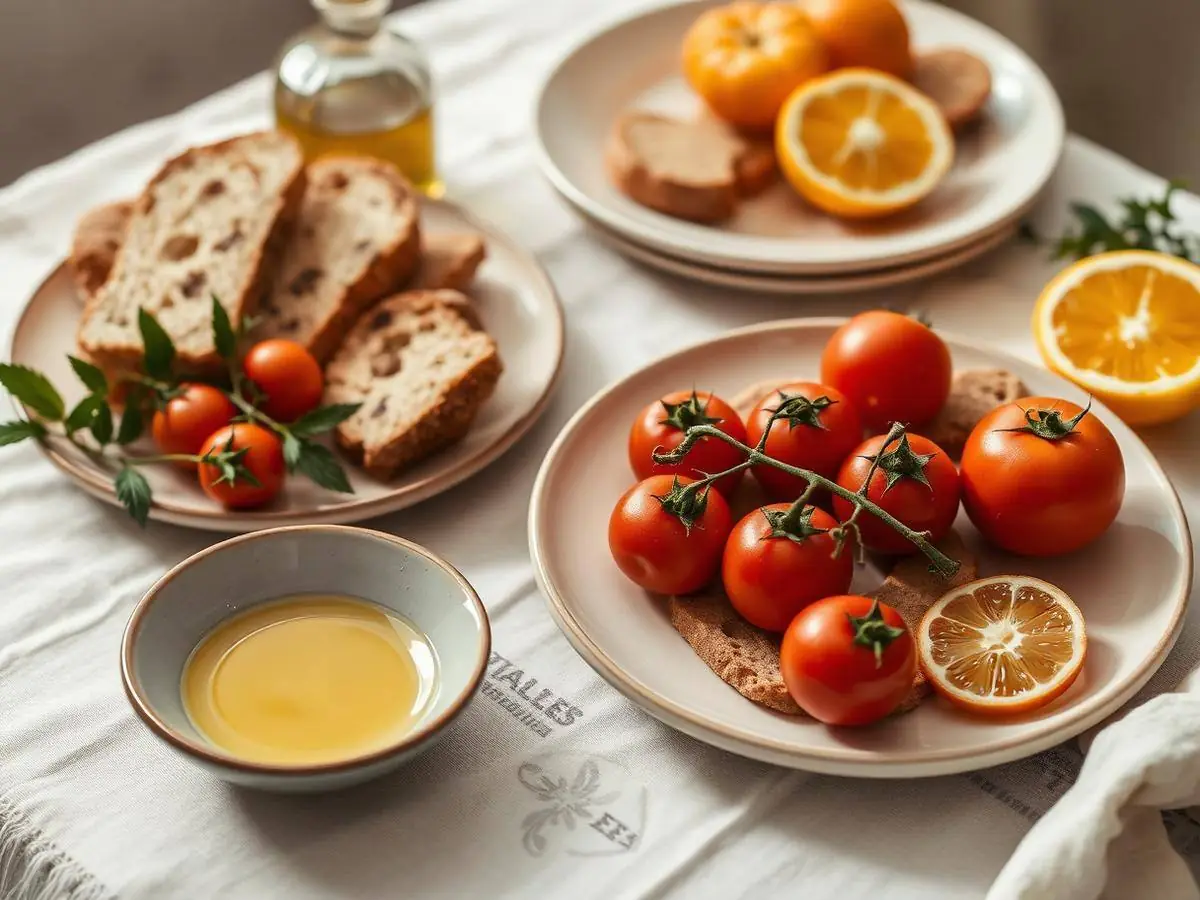 Masă de brunch mediteranean cu pâine, roșii și citrice